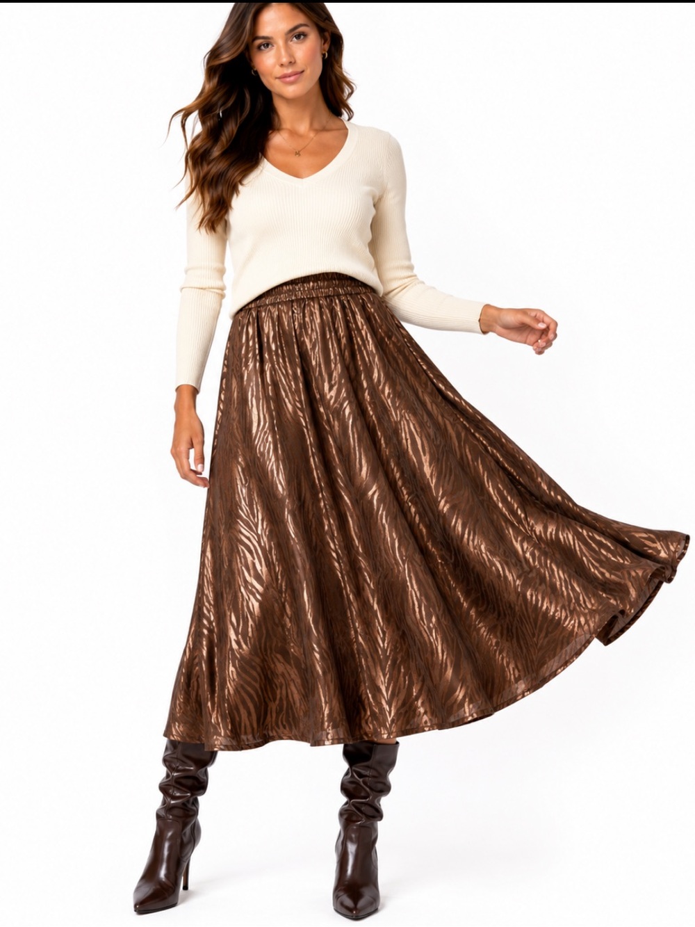 Reba NWT Metallic Zebra Print Midi Skirt Bronze Brown Size S